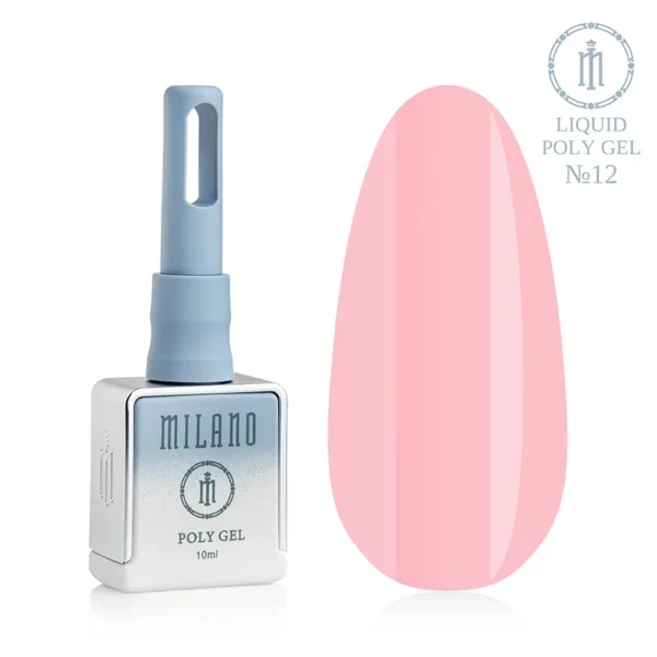 «Рідкий полігель Milano Liquid Poly Gel №12: флакон об’ємом 10 мл з блакитним градієнтом та демонстрація теплого персиково-рожевого відтінку на великій палітрі-краплі, що забезпечує ніжне камуфлююче покриття для створення свіжого та природного манікюру».