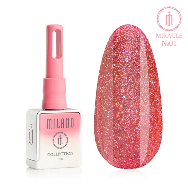 "Гель-лак Milano Miracle Collection №01: білий флакон об'ємом 10 мл з рожевим градієнтом та демонстрація яскравого коралово-рожевого відтінку з густим різнокольоровим мікрошимером, що створює ефект іскристого діамантового сяйва на великій палітрі-краплі."