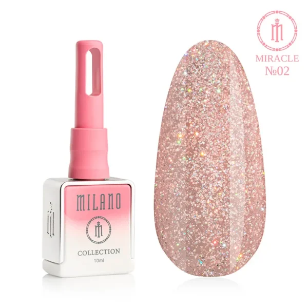 "Гель-лак Milano Miracle Collection №02: білий флакон об'ємом 10 мл з ніжно-рожевим градієнтом та демонстрація елегантного бежево-рожевого відтінку з густим сріблястим мікрошимером, що створює ефект діамантового блиску на великій палітрі-краплі."