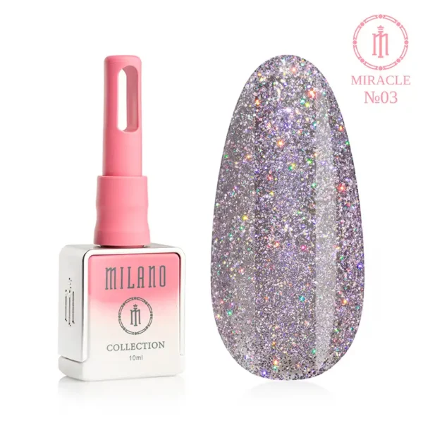 "Гель-лак Milano Miracle Collection №03: білий флакон об'ємом 10 мл з рожевим градієнтом та демонстрація сяючого лілово-сріблястого відтінку з густим голографічним мікрошимером, що створює іскристий діамантовий ефект на великій палітрі-краплі."