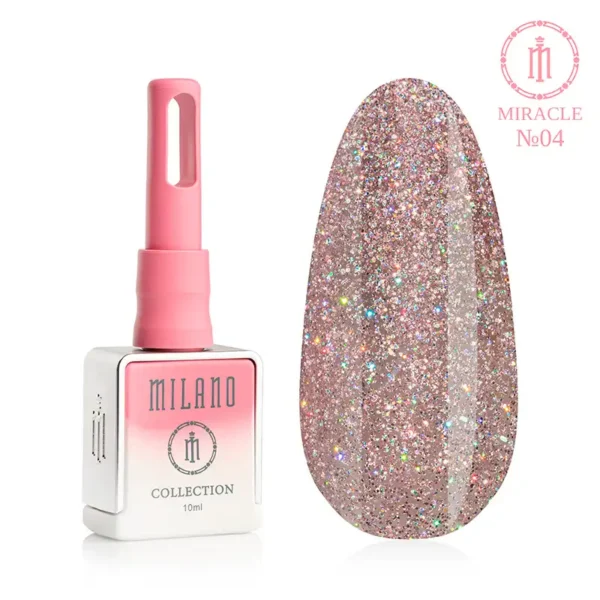 "Гель-лак Milano Miracle Collection №04: білий флакон об'ємом 10 мл з рожевим градієнтом та демонстрація вишуканого кавово-бежевого відтінку з густим різнокольоровим мікрошимером, що створює ефект розкішного діамантового сяйва на великій палітрі-краплі."