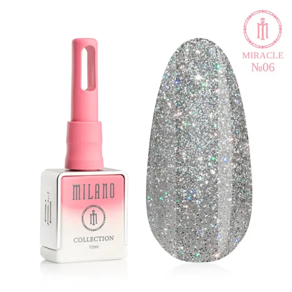 "Гель-лак Milano Miracle Collection №06: білий флакон об'ємом 10 мл з рожевим градієнтом та демонстрація яскравого чистого сріблястого відтінку з густим блискучим мікрошимером, що створює інтенсивний ефект діамантового сяйва на великій палітрі-краплі."