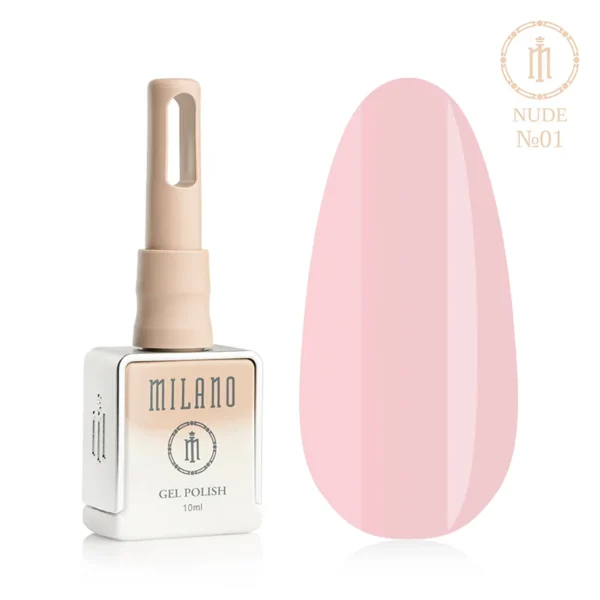 «Гель-лак Milano Nude Gel Polish №01: флакон об’ємом 10 мл з елегантним бежевим градієнтом та демонстрація ніжного пастельно-рожевого нюдового відтінку на великій палітрі-краплі, що забезпечує м'яке камуфлююче покриття для створення витонченого натурального манікюру».