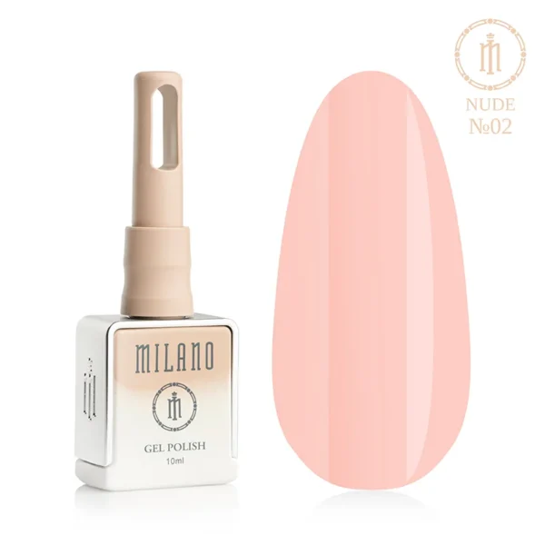 «Гель-лак Milano Nude Gel Polish №02: флакон об’ємом 10 мл з бежевим градієнтом та демонстрація елегантного пильно-рожевого нюдового відтінку на великій палітрі-краплі, що створює щільне камуфлююче покриття з витонченим холодним підтоном».