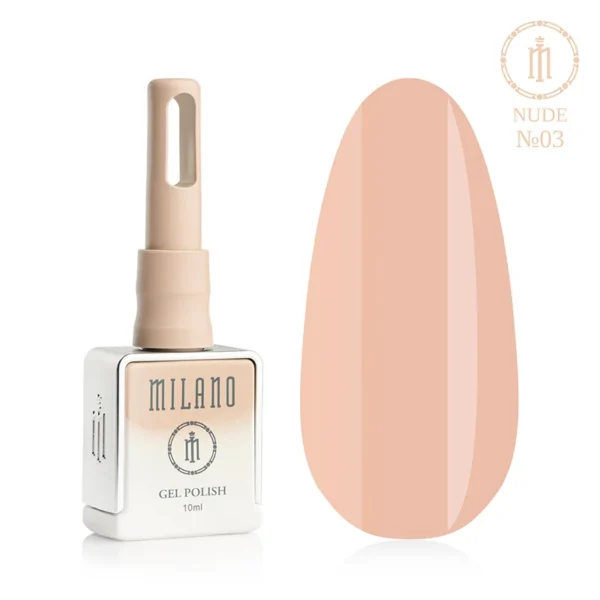 «Гель-лак Milano Nude Gel Polish №03: флакон об’ємом 10 мл з характерним бежевим градієнтом та демонстрація класичного напівпрозорого рожевого відтінку на великій палітрі-краплі, що створює ефект ніжних та максимально природних нігтів».