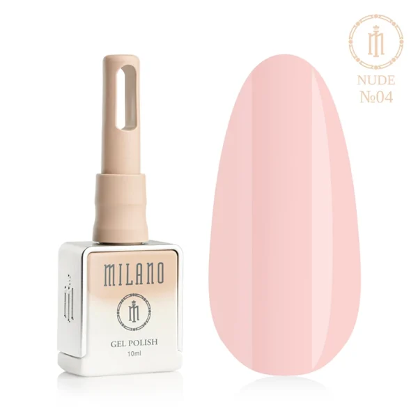 «Гель-лак Milano Nude Gel Polish №04: флакон об’ємом 10 мл з бежевим градієнтом та демонстрація м’якого персиково-бежевого відтінку на великій палітрі-краплі, що забезпечує тепле та природне камуфлююче покриття для нюдового манікюру».