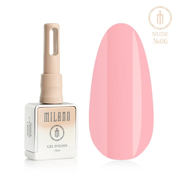 «Гель-лак Milano Nude Gel Polish №06: флакон об’ємом 10 мл з бежевим градієнтом та демонстрація соковитого пастельно-рожевого відтінку на великій палітрі-краплі, що забезпечує щільне та свіже камуфлююче покриття для жіночного манікюру».