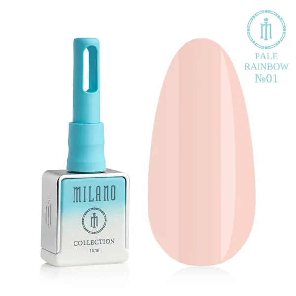 "Гель-лак Milano Pale Rainbow Collection №01: білий флакон об'ємом 10 мл з блакитним градієнтом та демонстрація ніжного пастельно-персикового відтінку з рівною емалевою текстурою та глянцевим блиском на великій палітрі-краплі."