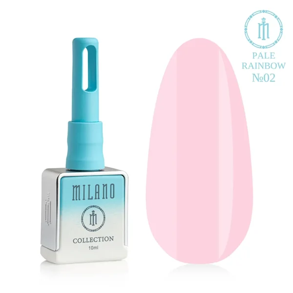 "Гель-лак Milano Pale Rainbow Collection №02: білий флакон об'ємом 10 мл з блакитним градієнтом та демонстрація ніжного світло-рожевого (зефірного) відтінку з щільною емалевою текстурою та глянцевим фінішем на великій палітрі-краплі."