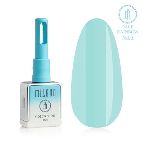 "Гель-лак Milano Pale Rainbow Collection №03: білий флакон об'ємом 10 мл з блакитним градієнтом та демонстрація свіжого м'ятно-бірюзового пастельного відтінку з гладенькою емалевою текстурою та глянцевим блиском на великій палітрі-краплі."