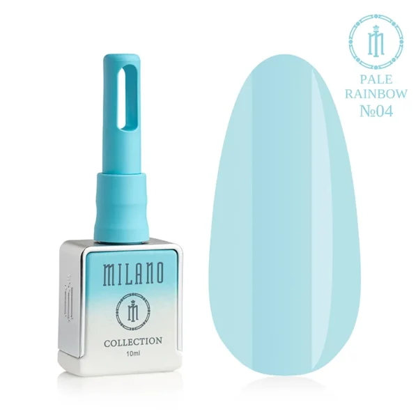 "Гель-лак Milano Pale Rainbow Collection №04: білий флакон об'ємом 10 мл з блакитним градієнтом та демонстрація ніжного небесно-блакитного пастельного відтінку з щільною емалевою текстурою та глянцевим блиском на великій палітрі-краплі."