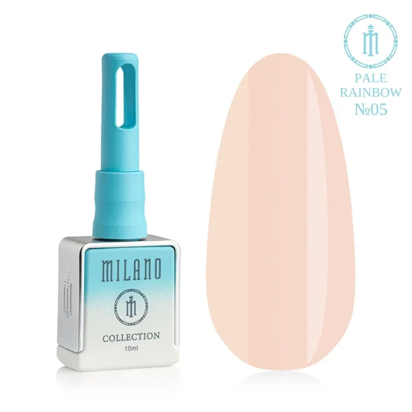"Гель-лак Milano Pale Rainbow Collection №05: білий флакон об'ємом 10 мл з блакитним градієнтом та демонстрація дуже ніжного пастельного світло-бежевого (нюдового) відтінку з рівномірною емалевою текстурою та глянцевим блиском на великій палітрі-краплі."