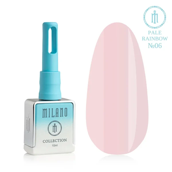 "Гель-лак Milano Pale Rainbow Collection №06: білий флакон об'ємом 10 мл з блакитним градієнтом та демонстрація ніжного світло-лавандового пастельного відтінку з щільною емалевою текстурою та дзеркальним глянцевим блиском на великій палітрі-краплі."
