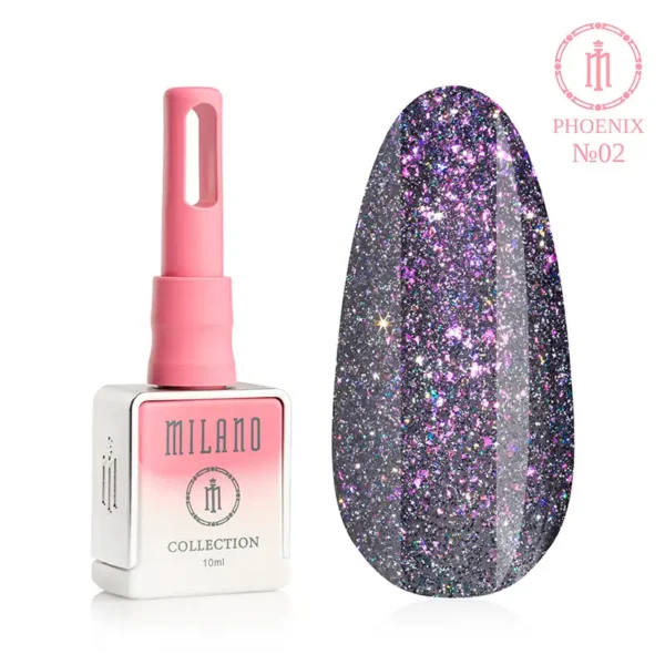 "Гель-лак Milano Phoenix Collection №02: білий флакон об'ємом 10 мл з рожевим градієнтом та демонстрація глибокого фіолетово-графітового відтінку з густим різнокольоровим шимером, що створює ефект мерехтливого нічного неба та яскравого діамантового сяйва на великій палітрі-краплі."