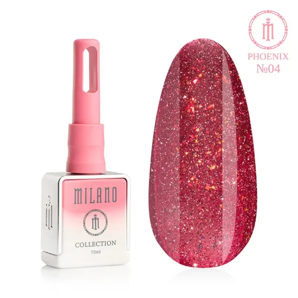 "Гель-лак Milano Phoenix Collection №04: білий флакон об'ємом 10 мл з рожевим градієнтом та демонстрація насиченого ягідно-червоного відтінку з густим сріблястим шимером та яскравими золотисто-червоними пластівцями, що створюють ефект вогняного сяйва на великій палітрі-краплі."