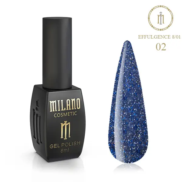 «Рекламний банер світловідбиваючого гель-лаку Milano Cosmetic Effulgence: представлений фірмовий чорний флакон об’ємом 8 мл із золотистими написами, а поруч — палітра з восьми круглих зразків, що демонструють глибокі темні відтінки (сині, фіолетові, бордові, коричневі та графітові) з ефектом іскристого світловідбиваючого шимеру».
