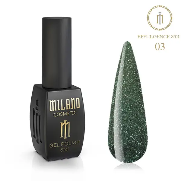 «Рекламний банер світловідбиваючого гель-лаку Milano Cosmetic Effulgence: представлений фірмовий чорний флакон об’ємом 8 мл із золотистими написами, а поруч — палітра з восьми круглих зразків, що демонструють яскраві неонові та пастельні відтінки (жовтий, салатовий, блакитний, бірюзовий та рожеві тони) з ефектом іскристого світловідбиваючого шимеру».