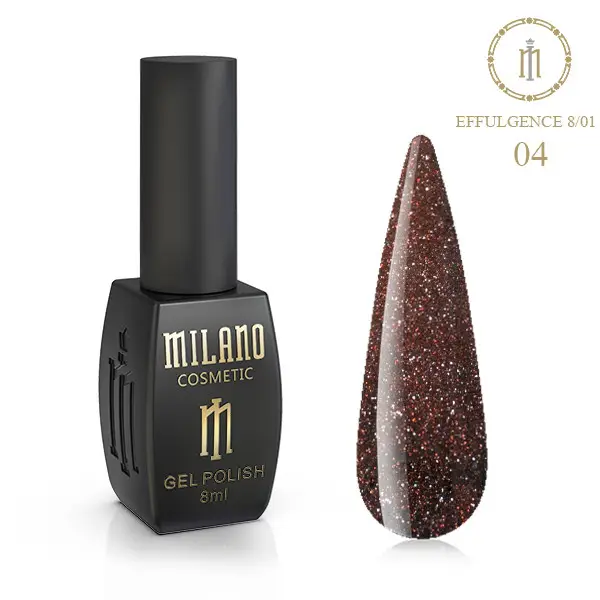 «Рекламний банер світловідбиваючого гель-лаку Milano Cosmetic Effulgence: представлений фірмовий чорний флакон об’ємом 8 мл із золотистими написами, а поруч — палітра з восьми круглих зразків, що демонструють глибокі благородні відтінки (винно-червоні, бордові, теракотові, насичені рожеві та сливові тони) з іскристим світловідбиваючим ефектом».
