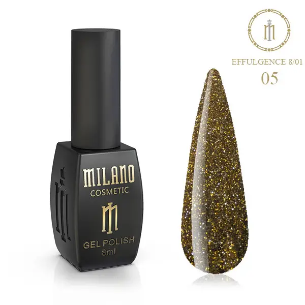 «Рекламний банер світловідбиваючого гель-лаку Milano Cosmetic Effulgence: представлений фірмовий чорний флакон об’ємом 8 мл із золотистими написами, а поруч — палітра з восьми круглих зразків, що демонструють яскраві літні та неонові відтінки (насичені лимонно-жовті, помаранчеві, салатові, блакитні та рожеві тони) з іскристим світловідбиваючим ефектом».