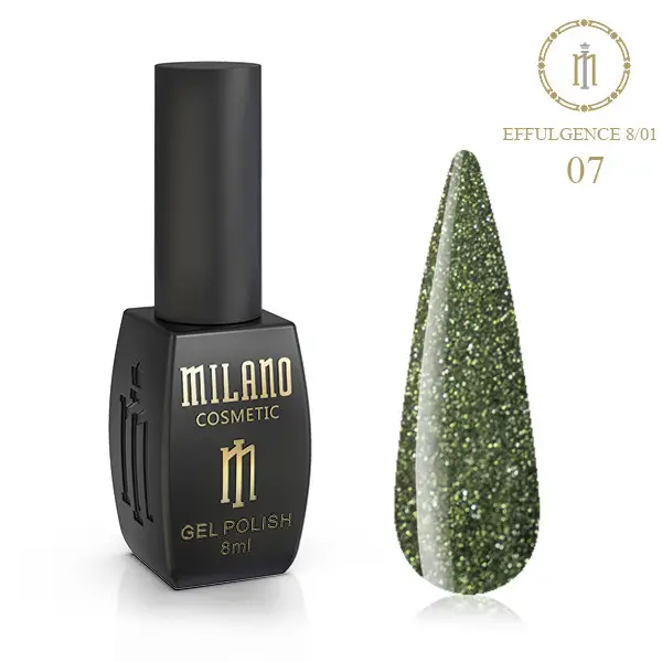 «Рекламний банер світловідбиваючого гель-лаку Milano Cosmetic Effulgence: представлений фірмовий чорний флакон об’ємом 8 мл із золотистими написами, а поруч — палітра з восьми круглих зразків, що демонструють пастельну та ніжну гаму (світло-рожеві, бежеві, персикові, лілові та світло-коричневі нюдові тони) з ефектом іскристого світловідбиваючого шимеру».