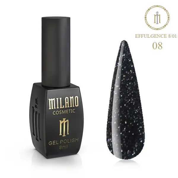 «Рекламний банер світловідбиваючого гель-лаку Milano Cosmetic Effulgence: представлений фірмовий чорний флакон об’ємом 8 мл із золотистими написами, а поруч — палітра з восьми круглих зразків, що демонструють глибокі благородні відтінки (насичені винні, ягідні, темно-червоні, сливові та шоколадно-коричневі тони) з ефектом іскристого світловідбиваючого шимеру».