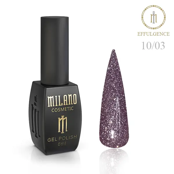 «Рекламний банер світловідбиваючого гель-лаку Milano Cosmetic Effulgence: представлений фірмовий чорний флакон об’ємом 8 мл із золотистими написами, а поруч — палітра з восьми круглих зразків, що демонструють яскраві неонові та насичені відтінки (рожеві, фуксія, фіолетові, глибокі сині та бірюзові тони) з ефектом іскристого світловідбиваючого шимеру».