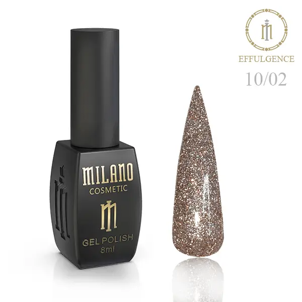 «Рекламний банер світловідбиваючого гель-лаку Milano Cosmetic Effulgence: представлений фірмовий чорний флакон об’ємом 8 мл із золотистими написами, а поруч — палітра з восьми круглих зразків, що демонструють яскраві літні відтінки (насичені рожеві, коралові, помаранчеві, жовті, салатові та бірюзові тони) з ефектом іскристого світловідбиваючого шимеру».