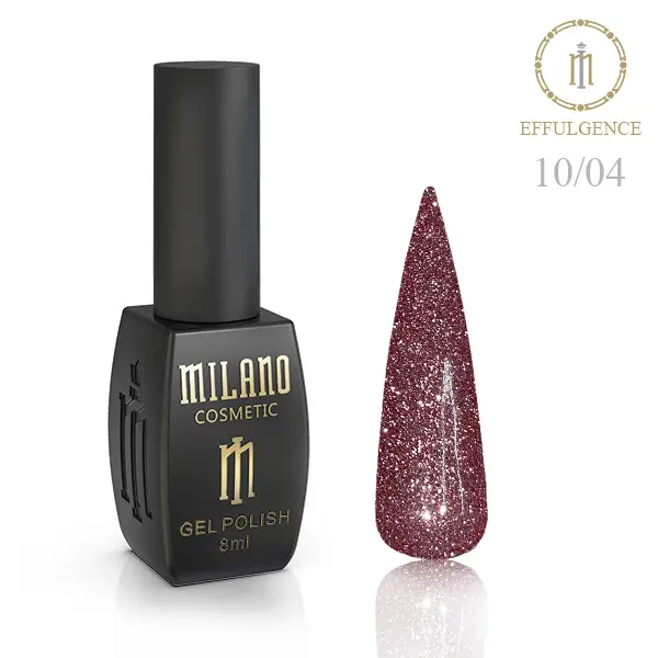 «Рекламний банер світловідбиваючого гель-лаку Milano Cosmetic Effulgence: представлений фірмовий чорний флакон об’ємом 8 мл із золотистими написами, а поруч — палітра з восьми круглих зразків, що демонструють яскраві неонові та насичені відтінки (рожеві, фуксія, фіолетові, глибокі сині та бірюзові тони) з ефектом іскристого світловідбиваючого шимеру».