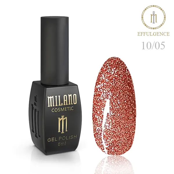«Рекламний банер світловідбиваючого гель-лаку Milano Cosmetic Effulgence: представлений фірмовий чорний флакон об’ємом 8 мл із золотистими написами, а поруч — палітра з восьми круглих зразків, що демонструють яскраві неонові та насичені відтінки (рожеві, фуксія, фіолетові, глибокі сині та бірюзові тони) з ефектом іскристого світловідбиваючого шимеру».