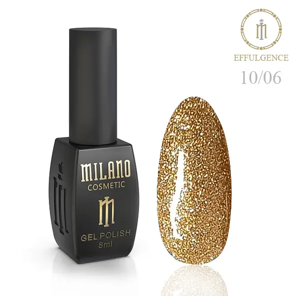 «Рекламний банер світловідбиваючого гель-лаку Milano Cosmetic Effulgence: представлений фірмовий чорний флакон об’ємом 8 мл із золотистими написами, а поруч — палітра з восьми круглих зразків, що демонструють яскраві неонові та насичені відтінки (кислотно-жовті, салатові, помаранчеві, рожеві, бірюзові та фіолетові тони) з ефектом іскристиго світловідбиваючого шимеру».