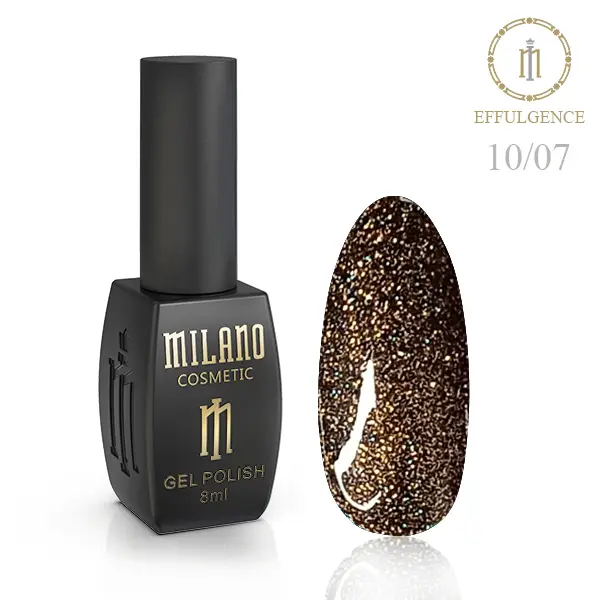 «Рекламний банер світловідбиваючого гель-лаку Milano Cosmetic Effulgence: представлений фірмовий чорний флакон об’ємом 8 мл із золотистими написами, а поруч — палітра з восьми круглих зразків, що демонструють глибокі благородні відтінки (насичені фіолетові, сливові, бордові, ягідні та темні винні тони) з ефектом іскристиго світловідбиваючого шимеру».