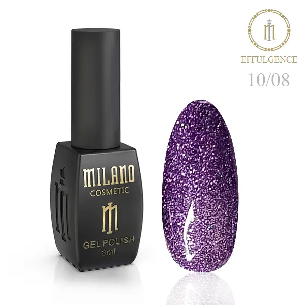 «Рекламний банер світловідбиваючого гель-лаку Milano Cosmetic Effulgence: представлений фірмовий чорний флакон об’ємом 8 мл із золотистими написами, а поруч — палітра з восьми круглих зразків, що демонструють глибокі та темні відтінки (насичені сині, фіолетові, коричневі, графітові та чорні тони) з вибуховим ефектом іскристиго світловідбиваючого шимеру».