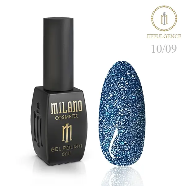 «Рекламний банер світловідбиваючого гель-лаку Milano Cosmetic Effulgence: представлений фірмовий чорний флакон об’ємом 8 мл із золотистими написами, а поруч — палітра з восьми круглих зразків, що демонструють пастельні, ніжно-рожеві та стримані нюдові відтінки з ефектом іскристого світловідбиваючого шимеру».