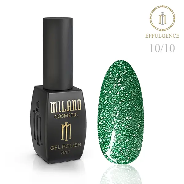 «Рекламний банер світловідбиваючого гель-лаку Milano Cosmetic Effulgence: представлений фірмовий чорний флакон об’ємом 8 мл із золотистими написами, а поруч — палітра з восьми круглих зразків, що демонструють яскраві літні та неонові відтінки (соковиті салатові, жовті, помаранчеві, рожеві, блакитні та бузкові тони) з ефектом іскристого світловідбиваючого шимеру».