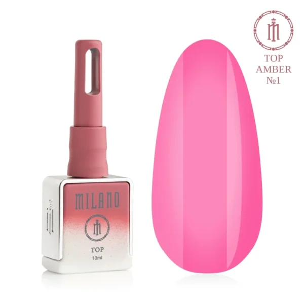 «Рекламний банер глянцевого топу без липкого шару Milano Cosmetic Top Premium Amber: у лівій частині зображено фірмовий чорний матовий флакон об’ємом 15 мл із золотистим ковпачком, а праворуч — велика палітра з шістнадцяти пронумерованих круглих зразків (від 01 до 16), які демонструють напівпрозорі вітражні відтінки з бурштиновим та акваріумним ефектом».