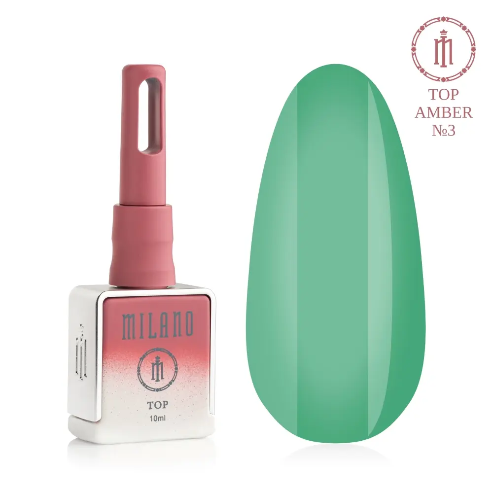 «Рекламний банер глянцевого топу без липкого шару Milano Cosmetic Top Premium Amber: у лівій частині зображено фірмовий чорний матовий флакон об’ємом 15 мл із золотистим ковпачком, а праворуч — палітра з одинадцяти пронумерованих круглих зразків (від 33 до 43), які демонструють напівпрозорі вітражні відтінки з бурштиновим та акваріумним ефектом».