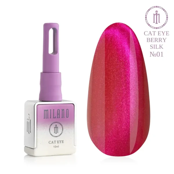 «Презентація магнітного гель-лаку Milano Cat Eye Berry Silk №01: ліворуч зображено фірмовий квадратний флакон об'ємом 10 мл у ніжно-ліловому градієнтному виконанні з написом "Cat Eye", а праворуч — великий овальний макет-тіпс, який демонструє яскравий та насичений ягідний, фуксієво-рожевий відтінок із глибоким шовковим магнітним переливом "котяче око", на чистому білому тлі»