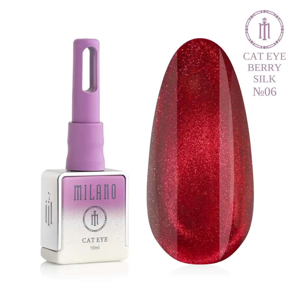 «Презентація магнітного гель-лаку Milano Cat Eye Berry Silk №06: ліворуч зображено фірмовий квадратний флакон об'ємом 10 мл у ніжно-ліловому градієнтному виконанні з написом "Cat Eye", а праворуч — великий овальний макет-тіпс, який демонструє розкішний глибокий криваво-червоний або класичний темний рубіновий відтінок із щільним шовковим магнітним бліком ефекту "котяче око" на чистому білому тлі».