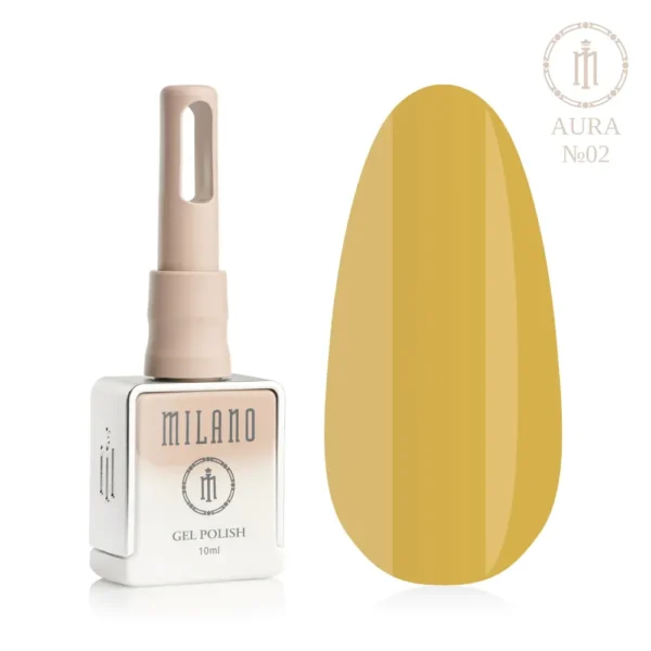 «Презентація гель-лаку Milano Gel Polish Aura №02: ліворуч зображено фірмовий квадратний флакон об'ємом 10 мл у ніжно-ліловому градієнтному виконанні, а праворуч — великий овальний макет-тіпс, який демонструє ніжний м'ятно-зелений пастельний відтінок покриття з делікатним ефектом внутрішнього сяйва, на чистому білому тлі»