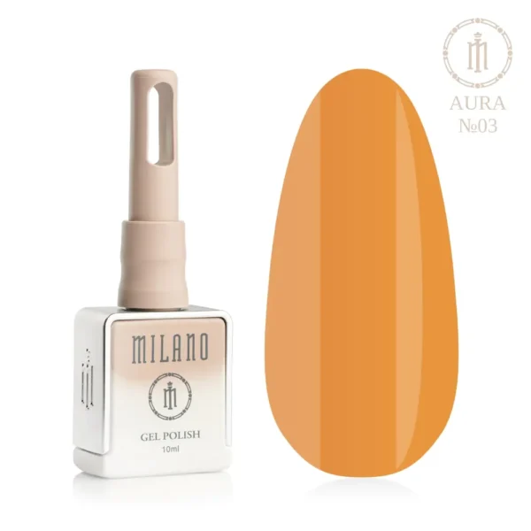 «Презентація гель-лаку Milano Gel Polish Aura №03: ліворуч зображено фірмовий квадратний флакон об'ємом 10 мл у ніжно-ліловому градієнтному виконанні, а праворуч — великий овальний макет-тіпс, який демонструє дуже світлий, вибілений пастельно-жовтий або лимонний відтінок із витонченим сяючим ефектом, на чистому білому тлі»
