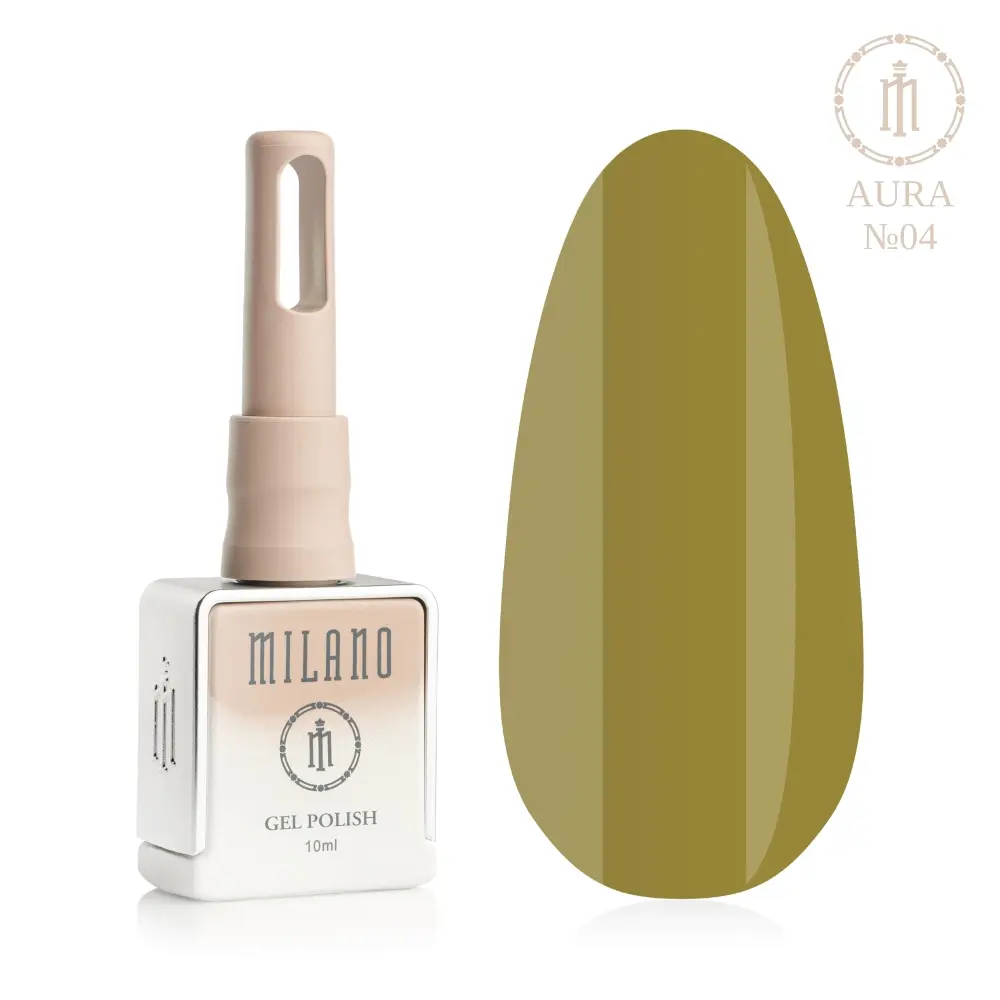 «Презентація гель-лаку Milano Gel Polish Aura №04: ліворуч зображено фірмовий квадратний флакон об'ємом 10 мл у ніжно-ліловому градієнтному виконанні, а праворуч — великий овальний макет-тіпс, який демонструє м'який пастельний персиково-помаранчевий відтінок із легким внутрішнім мерехтінням, на чистому білому тлі»