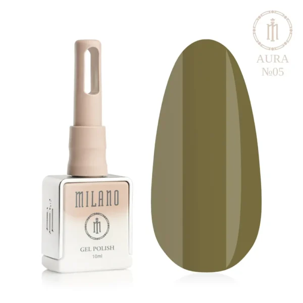 «Презентація гель-лаку Milano Gel Polish Aura №05: ліворуч зображено фірмовий квадратний флакон об'ємом 10 мл у ніжно-ліловому градієнтному виконанні, а праворуч — великий овальний макет-тіпс, який демонструє ніжний зефірно-рожевий пастельний відтінок із фірмовим делікатним ефектом аури та сяйва, на чистому білому тлі»