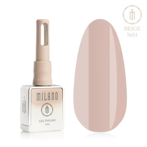 «Презентація гель-лаку Milano Gel Polish Beige Premium №01: ліворуч зображено фірмовий квадратний флакон об'ємом 10 мл у ніжно-ліловому градієнтному виконанні з круглим логотипом, а праворуч — великий овальний макет-тіпс, який демонструє дуже світлий пастельний кремово-бежевий відтінок або колір слонової кістки, на чистому білому тлі»