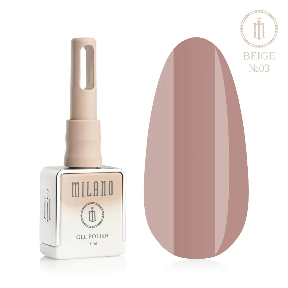«Презентація гель-лаку Milano Gel Polish Beige Premium №03: ліворуч зображено фірмовий квадратний флакон об'ємом 10 мл у ніжно-ліловому градієнтному виконанні з круглим логотипом, а праворуч — великий овальний макет-тіпс, який демонструє класичний нейтральний нюдово-бежевий відтінок покриття, на чистому білому тлі»
