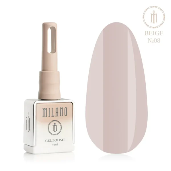 «Презентація гель-лаку Milano Gel Polish Beige Premium №08: ліворуч зображено фірмовий квадратний флакон об'ємом 10 мл у ніжно-ліловому градієнтному виконанні з круглим логотипом, а праворуч — великий овальний макет-тіпс, який демонструє витончений відтінок ніжної кави з молоком або м'якого какао, на чистому білому тлі»