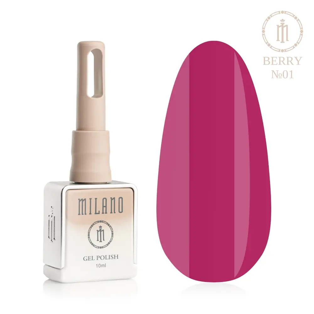 «Презентація гель-лаку Milano Gel Polish Berry Premium №01: ліворуч зображено фірмовий квадратний флакон об'ємом 10 мл у ніжно-нюдовому градієнтному виконанні з круглим логотипом, а праворуч — великий овальний макет-тіпс, який демонструє соковитий малиновий, яскравий полуничний або апетитний літній ягідний відтінок покриття, на чистому білому тлі»