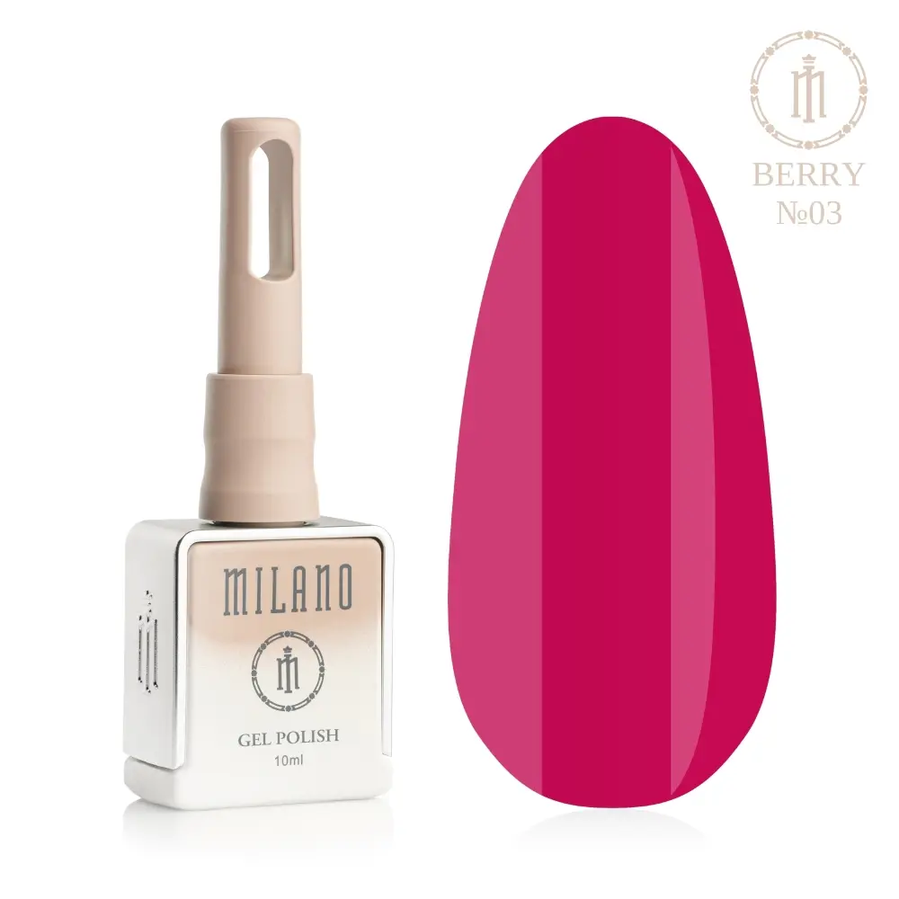 «Презентація гель-лаку Milano Gel Polish Berry Premium №03: ліворуч зображено фірмовий квадратний флакон об'ємом 10 мл у ніжно-нюдовому градієнтному виконанні з круглим логотипом, а праворуч — великий овальний макет-тіпс, який демонструє шляхетний журавлинний, стиглий брусничний або насичений темно-рожевий ягідний відтінок покриття, на чистому білому тлі»
