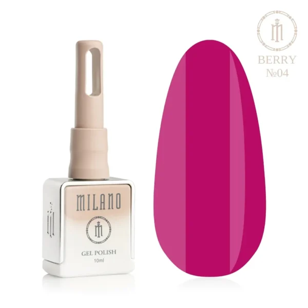 «Презентація гель-лаку Milano Gel Polish Berry Premium №04: ліворуч зображено фірмовий квадратний флакон об'ємом 10 мл у ніжно-нюдовому градієнтному виконанні з круглим логотипом, а праворуч — великий овальний макет-тіпс, який демонструє насичений смородиновий, розкішний вишнево-ягідний або щільний відтінок стиглої темної черешні, на чистому білому тлі»