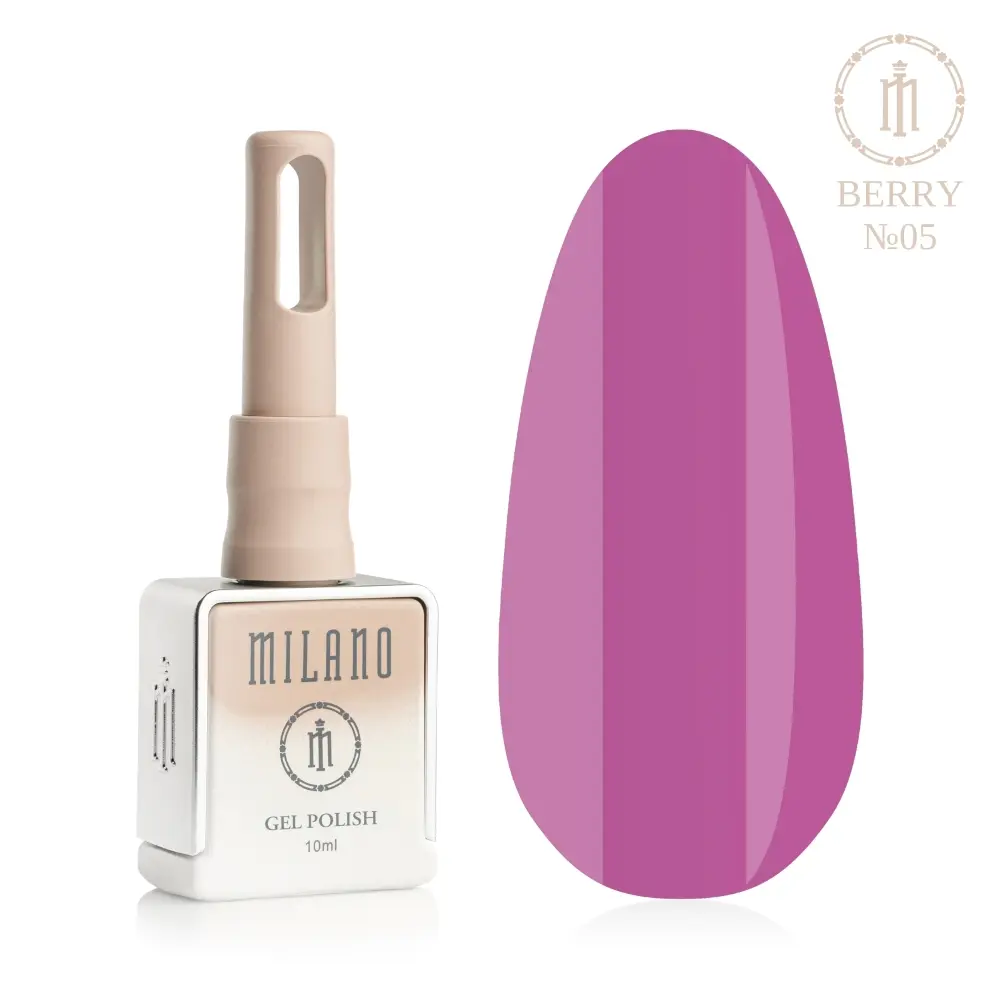 «Презентація гель-лаку Milano Gel Polish Berry Premium №05: ліворуч зображено фірмовий квадратний флакон об'ємом 10 мл у ніжно-нюдовому градієнтному виконанні з круглим логотипом, а праворуч — великий овальний макет-тіпс, який демонструє експресивний фуксієво-ягідний, яскравий колір лісової малини або соковитий рожево-пурпуровий відтінок, на чистому білому тлі»