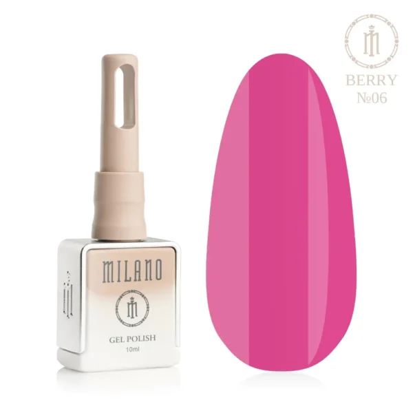 «Презентація гель-лаку Milano Gel Polish Berry Premium №06: ліворуч зображено фірмовий квадратний флакон об'ємом 10 мл у ніжно-нюдовому градієнтному виконанні з круглим логотипом, а праворуч — великий овальний макет-тіпс, який демонструє ніжний полунично-йогуртовий, м'який пастельно-ягідний або делікатний приглушений рожевий відтінок, на чистому білому тлі»